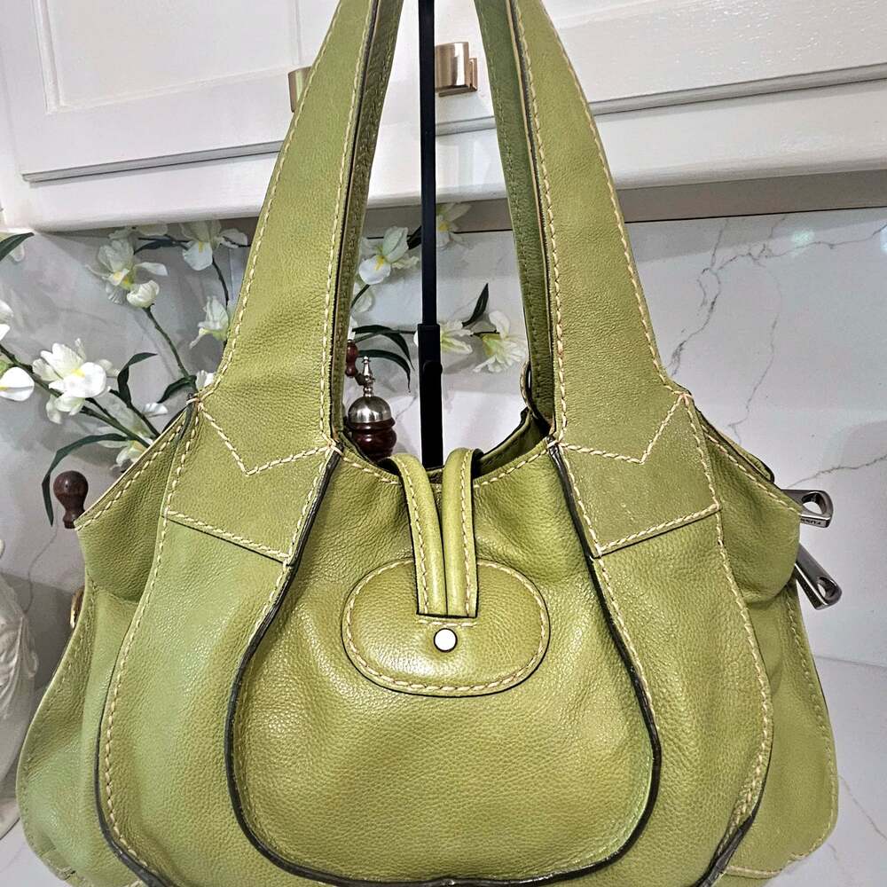 Fifty Four Fossil Green Leather Shoulder Bag with Bamboo-Style Toggle Closure - Picture 4 of 10